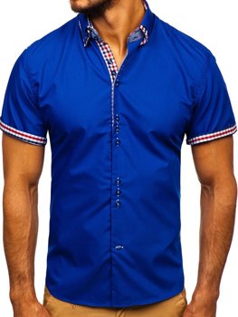 Elegentiški vyriški marškiniai trumpomis rankovėmis mėlyni Bolf 3507