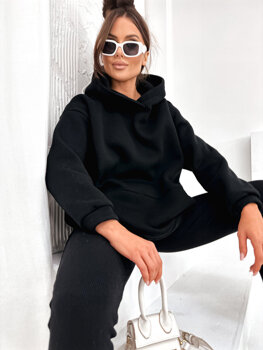 Juodas moteriškas pašiltintas džemperis su gobtuvu ir kengūros kišene Bolf 8217
