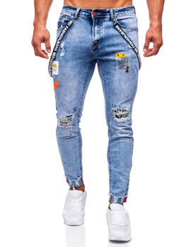 Mėlynos vyriškos džinsinės kelnės slim fit su petnešomis Bolf KS2102-2