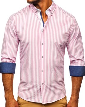 Rožiniai vyriški dryžuoti marškiniai ilgomis rankovėmis Bolf 20704