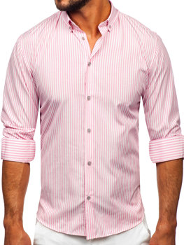 Rožiniai vyriški juostuoti marškiniai ilgomis rankovėmis Bolf 22731