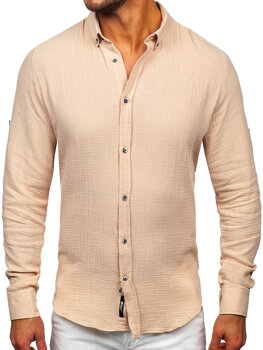 Smėlio spalvos vyriški muslino marškiniai ilgomis rankovėmis Bolf 22746