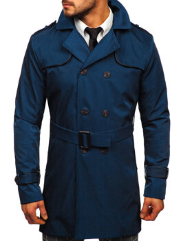Šviesiai mėlynas dvieilis vyriškas paltas su aukšta apykakle ir diržu Bolf 0001