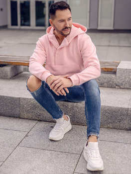 Šviesiai rožinis vyriškas storas džemperis su gobtuvu Bolf 02A