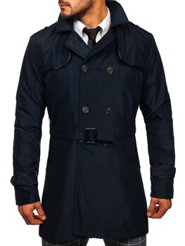 Tamsiai mėlynas vyriškas dvieilis vyriškas paltas su aukšta apykakle ir diržu Bolf 0001