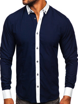Tamsiai mėlyni vyriški elegantiški marškiniai ilgomis rankovėmis Bolf 21750