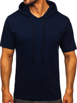 Tamsiai mėlyni vyriški medvilniniai marškinėliai be paveikslėlio su gobtuvu Bolf 14513