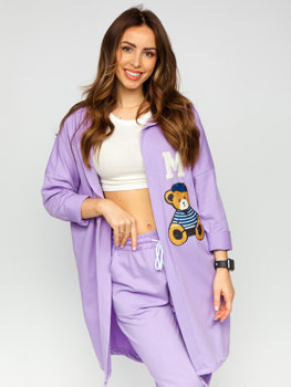 Violetinis moteriškas ilgas užsegamas džemperis su gobtuvu ir aplikacijomis Bolf 81716