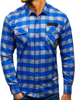 Vyriški flaneliniai marškiniai ilgomis rankovėmis mėlyni su pilka Bolf 2503