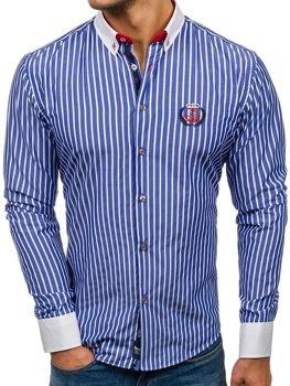 Vyriški marškiniai dryžuoti ilgomis rankovėmis mėlyni Bolf 1771