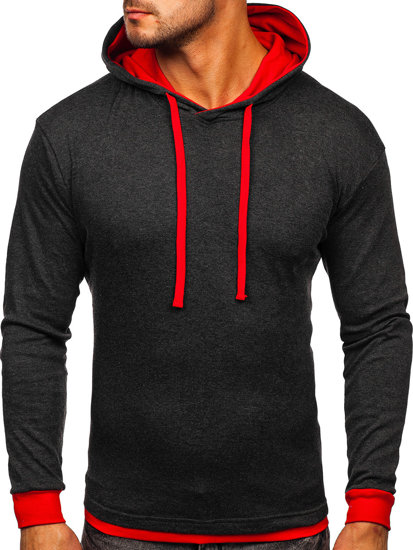 Antracito spalvos su raudona vyriškas džemperis su gobtuvu Bolf 145380