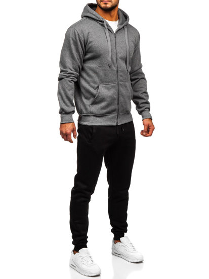 Antracito spalvos vyriškas sportinis komplektas, džemperis su gobtuvu užsegamu užtrauktuku Bolf D004
