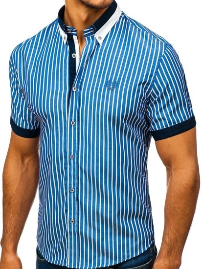 Elegentiški vyriški marškiniai dryžuoti trumpomis rankovėmis mėlyni Bolf 4501