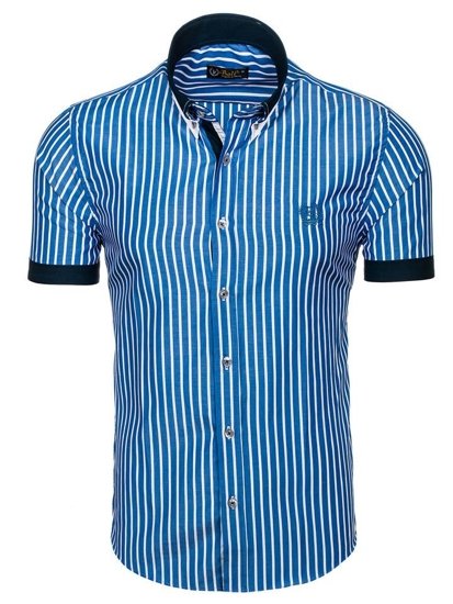Elegentiški vyriški marškiniai dryžuoti trumpomis rankovėmis mėlyni Bolf 4501