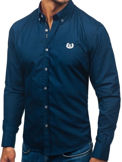Elegentiški vyriški marškiniai ilgomis rankovėmis tamsiai mėlyni Bolf 2772