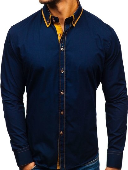Elegentiški vyriški marškiniai ilgomis rankovėmis tamsiai mėlyni Bolf 3703