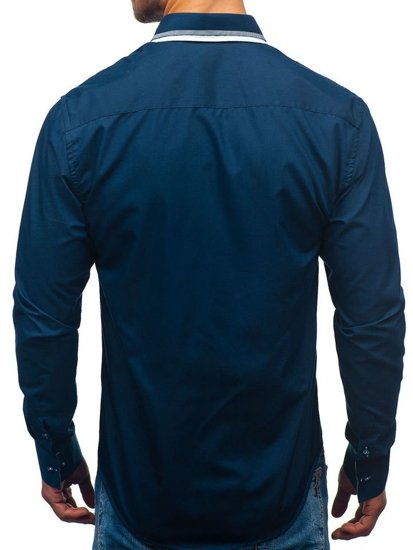 Elegentiški vyriški marškiniai ilgomis rankovėmis tamsiai mėlyni Bolf 3704-1