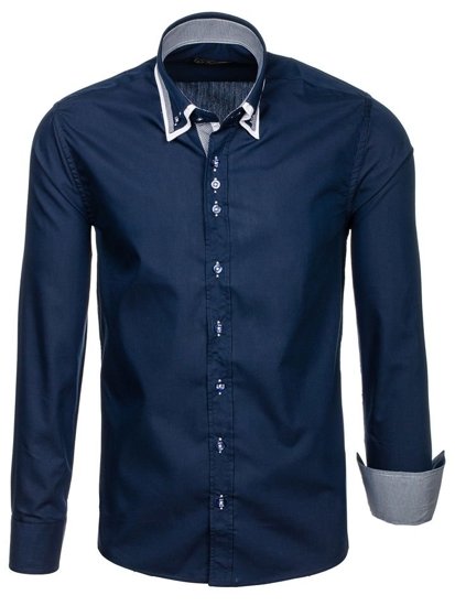 Elegentiški vyriški marškiniai ilgomis rankovėmis tamsiai mėlyni Bolf 3704-1