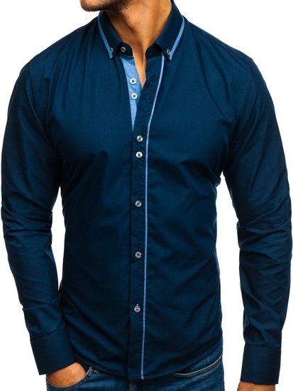 Elegentiški vyriški marškiniai ilgomis rankovėmis tamsiai mėlyni Bolf 8823
