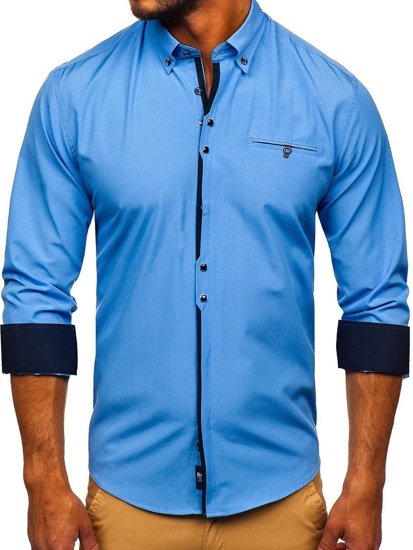 Elegentiški vyriški marškiniai ilgomis rankovėmis žydri Bolf 7720