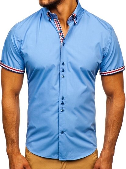 Elegentiški vyriški marškiniai trumpomis rankovėmis žydri Bolf 3507