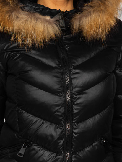 Juoda ilga moteriška dygsniuota žieminė striukė su natūraliu kailiu Bolf M688
