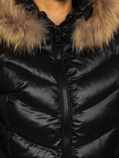 Juoda ilga moteriška žieminė striukė su natūraliu kailiu Bolf M699