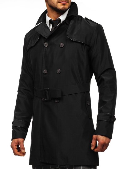 Juodas vyriškas dvieilis vyriškas paltas su aukšta apykakle ir diržu Bolf 0001