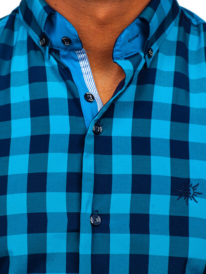 Juodi su mėlyna vyriški languoti marškiniai trumpomis rankovėmis Bolf 4508