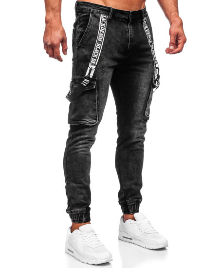 Juodos vyriškos džinsinės jogger cargo kelnės z szelkami Bolf KA6751