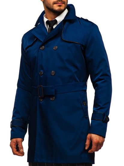 Mėlynas vyriškas dvieilis vyriškas paltas su aukšta apykakle ir diržu Bolf 0001