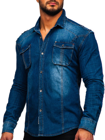 Mėlyni vyriški džinsiniai marškiniai ilgomis rankovėmis Bolf MC701B