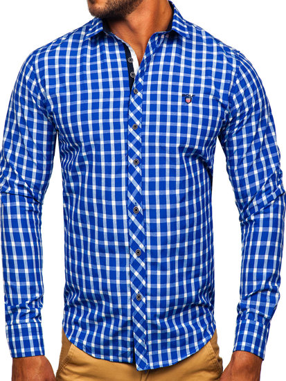 Mėlyni vyriški elegantiški languoti marškiniai ilgomis rankovėmis Bolf 4747-1