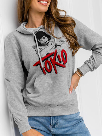 Pilkas moteriškas džemperis su paveikslėliu ir gobtuvu Bolf 5194