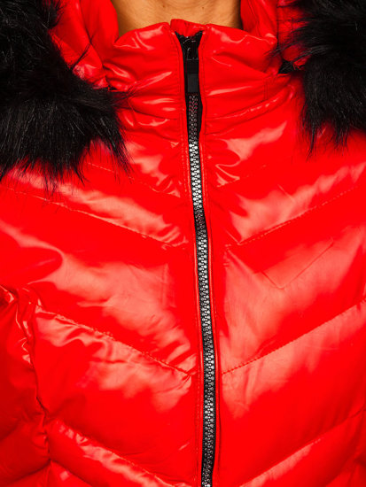 Raudona moteriška žieminė dygsniuota striukė su gobtuvu Bolf 23068