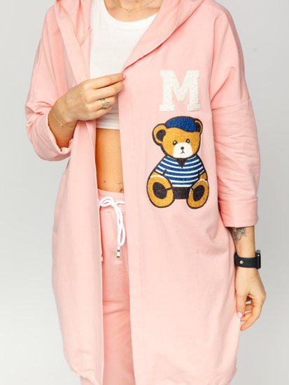 Rožinis moteriškas ilgas užsegamas džemperis su gobtuvu ir aplikacijomis Bolf 81716