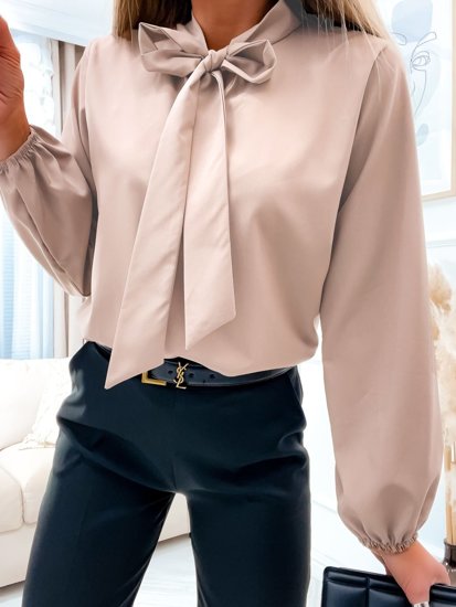 Smėlio spalvos moteriški elegantiški marškiniai ilgomis rankovėmis ir kaspinu Bolf 644