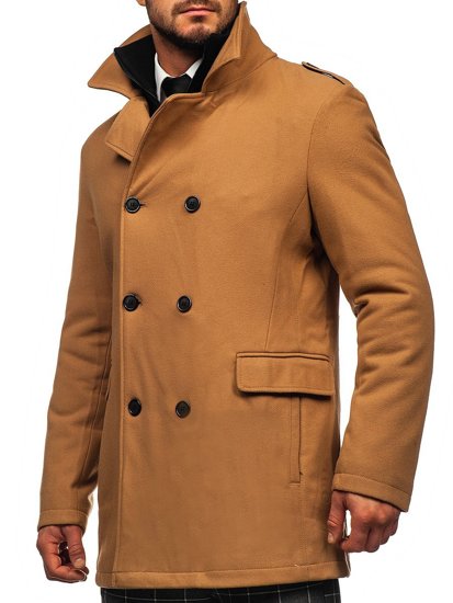 Šviesiai rudas dvieilis vyriškas žieminis paltas su nusegama papildoma apykakle Bolf 8805