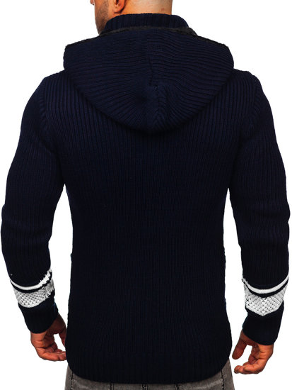 Tamsiai mėlynas storas vyriškas užsegamas megztinis su gobtuvu Bolf 2051
