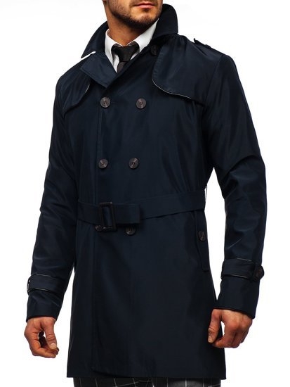 Tamsiai mėlynas vyriškas dvieilis vyriškas paltas su aukšta apykakle ir diržu Bolf 0001