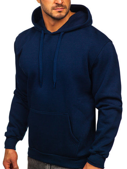 Tamsiai mėlynas vyriškas džemperis su gobtuvu ir kengūros kišene Bolf 1004