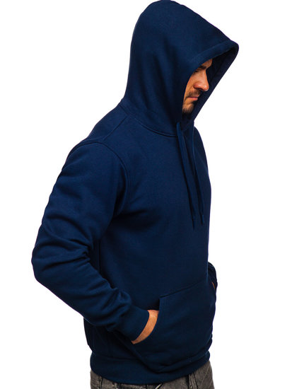 Tamsiai mėlynas vyriškas džemperis su gobtuvu ir kengūros kišene Bolf 1004