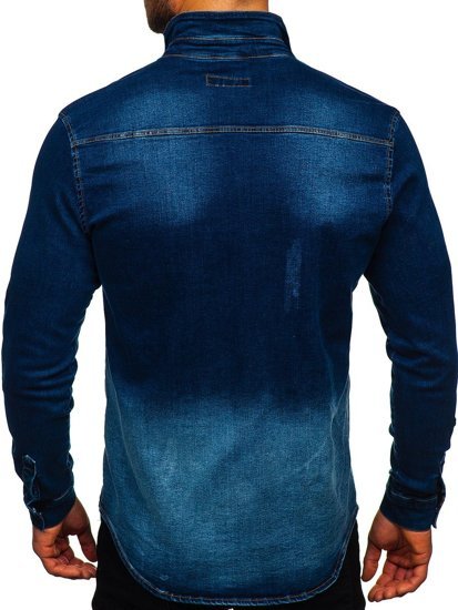 Tamsiai mėlyni vyriški džinsiniai marškiniai ilgomis rankovėmis Bolf R802