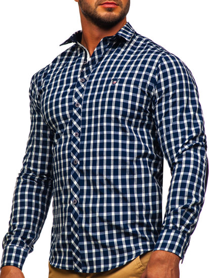 Tamsiai mėlyni vyriški elegantiški languoti marškiniai ilgomis rankovėmis Bolf 4747-1