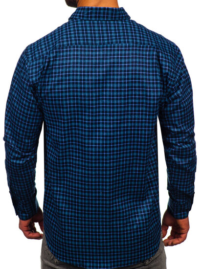 Tamsiai mėlyni vyriški flaneliniai languoti marškiniai Bolf F4