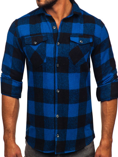Tamsiai mėlyni vyriški flaneliniai marškiniai ilgomis rankovėmis Bolf 20723