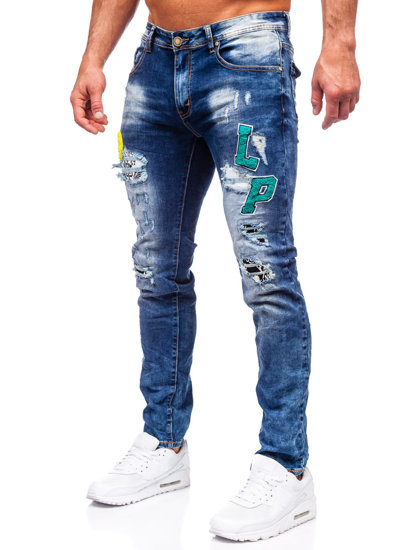 Tamsiai mėlynos vyriškos džinsinės kelnės slim fit Bolf E7860