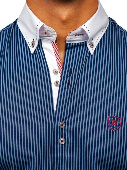 Vyriški dryžuoti marškiniai ilgomis rankovėmis tamsiai mėlyni Bolf 9717