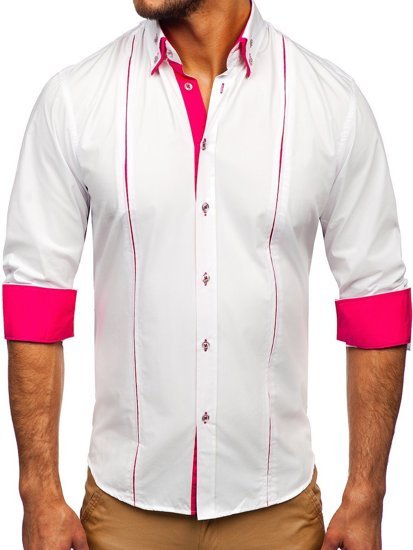 Vyriški elegantiški baltai-rožiniai marškiniai ilgomis rankovėmis Bolf 4744