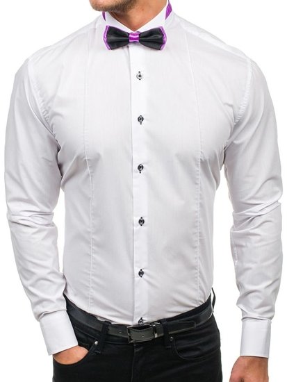 Vyriški elegantiški balti marškiniai ilgomis rankovėmis su peteliške Bolf 5786